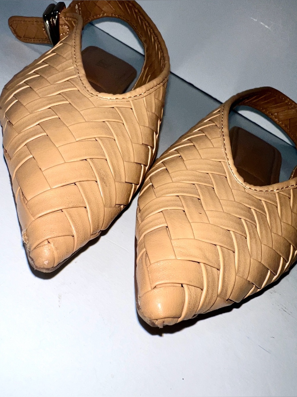 ZARA Woven Leather Pointed Toe Slingback Flats Buckle Nude Tan Sz 38 - Picture 9 of 12